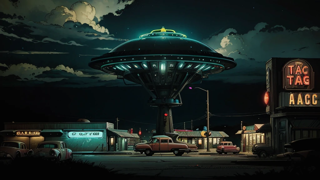 a ufo sighting in 1950s small town, UFO, flying saucer, ufo sighting, popping colors, contrast, detailed realistic cinematic scene, cinematic lighting, dramatic sky with clouds, abandoned vintage car, old-fashioned buildings, neon signs, 1950s era atmosphere, vibrant colors, hyper-realistic, 8k, ultra-detailed
