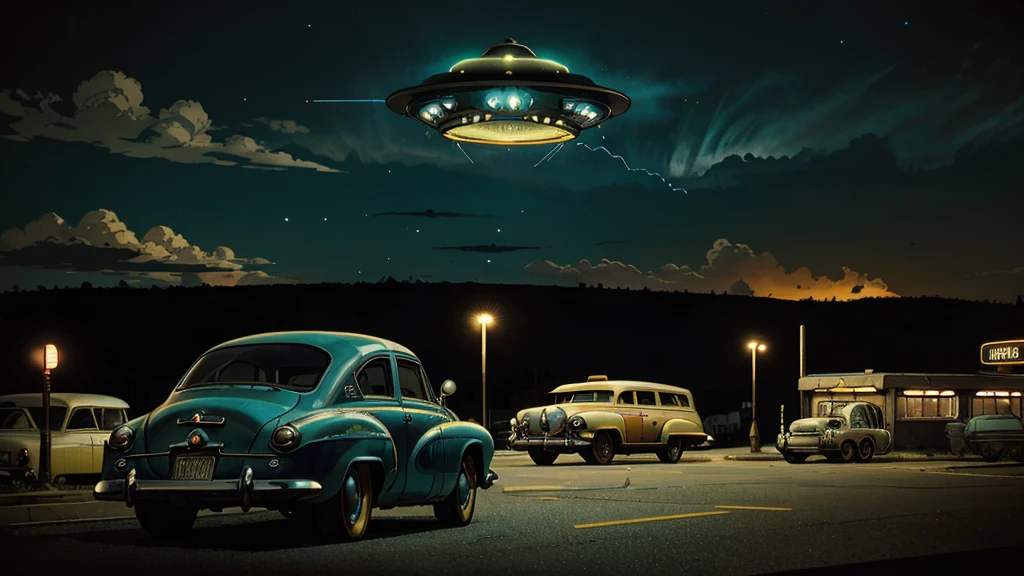 a ufo sighting in 1950s small town, UFO, flying saucer, ufo sighting, popping colors, contrast, detailed realistic cinematic scene, cinematic lighting, dramatic sky with clouds, abandoned vintage car, old-fashioned buildings, neon signs, 1950s era atmosphere, vibrant colors, hyper-realistic, 8k, ultra-detailed