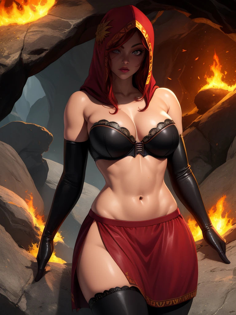 Dsorceress, redhair, shadowy face,dark cave, fire, hood, shadowed face, strapless bra, slim and athletic body, miniskirt, no panty, elbow gloves, dark skin, 1 girl (insanely detailed, masterpiece, best quality)