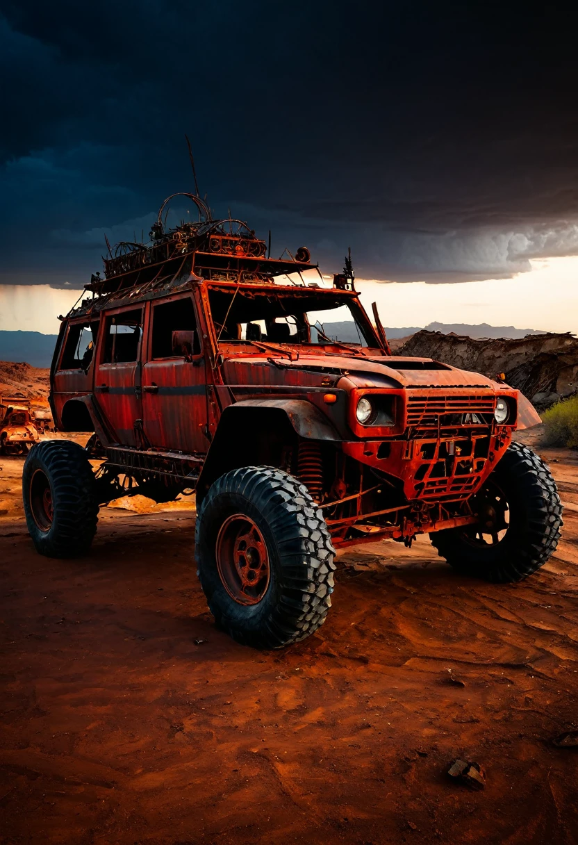 (best high quality:1.5), work of art, (8k), extremely detailed, (High details:1.4), "Create an image of an apocalyptic car in a desolate setting. The car is covered in makeshift armor, with barbed wires and rusty metal plates. Huge wheels with spikes and ominous red lights. The surrounding scenery is arid and full of ruins., with a cloudy and dark sky. Ao fundo, shadows of other vehicles and mysterious figures lurk among the wreckage."