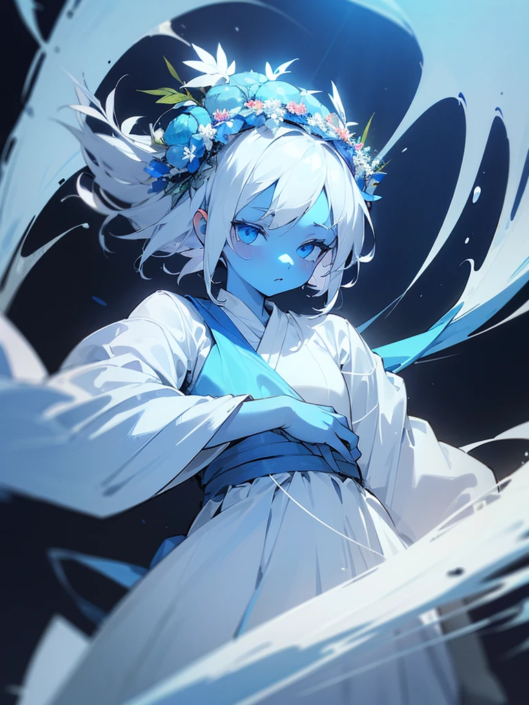 ((Blue skin)), ((missing one arm)), (has only one atm), ((one armed girl)), white skirt, greece white upper body clothes, girl, white hair, (white nimbus on her head weared as wreath)