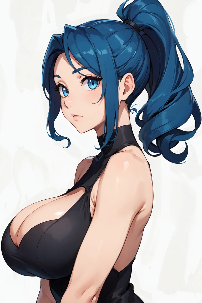 female, curly ponytail, blue hair, deep blue eyes, large breast,