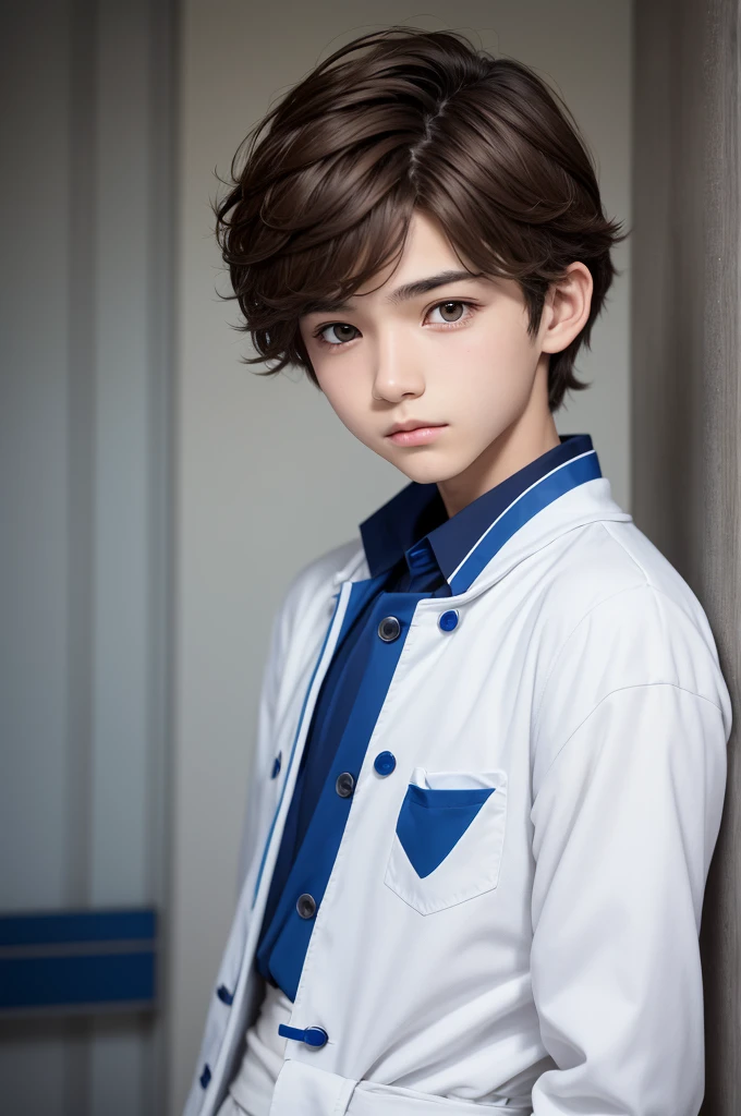 14 year old human male with short medium wavy brown hair, gojo eyes, white skin and blue bourgeois clothing with details anime style