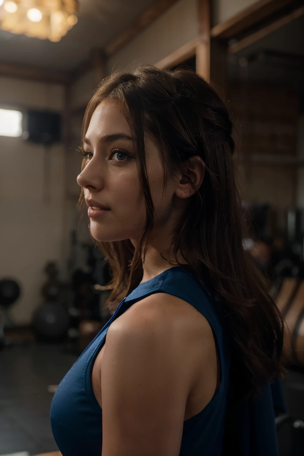 1 girl, intricate details, in the gym, masterpiece, best quality, extremely detailed,cinematic lighting, beautiful detailed glow, finely detailed beautiful face and eyes, 8k, dark intense shadows, yellow eyes, medium length hair, dark hair, bangs, floating hair, blue shirt, laugh, blue skirt, spotlight, [[curvy]], [mature woman], portrait Sophie Mudd, thick neck, 19 year old female model, latin, angelawhite, purple myers, 22 year old, 21 year old, profile pic, Italian, Italian latin, Alycia Debnam-Carey, hazel eyes