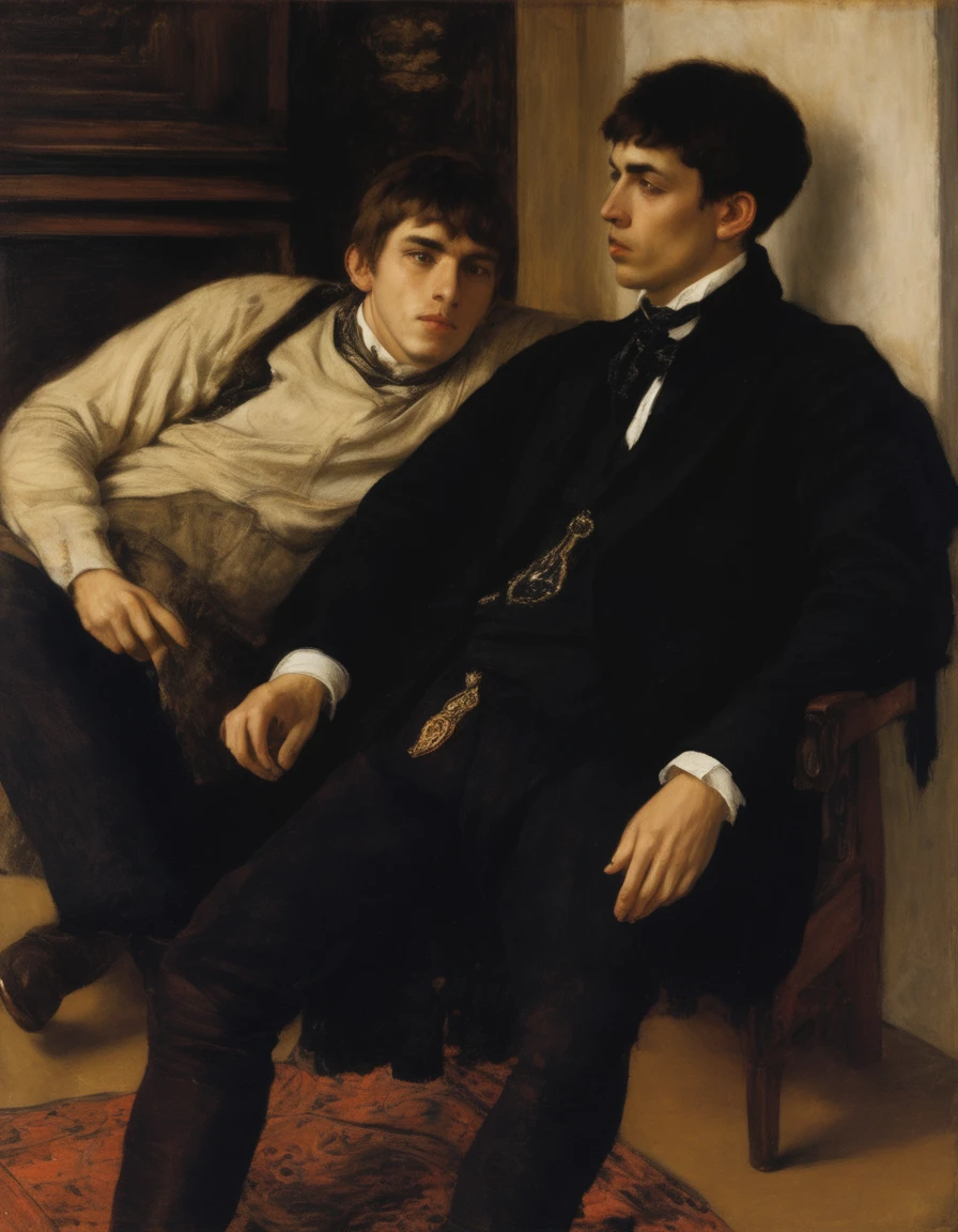 ((Masterpiece, best quality, oil painting, male focus)), ((by James Tissot, by Odilon Redon)), (((the half body reclined portrait of 2 young male sorcerer apprentices, they are lovers staring each other, tense, bored and frustrated, blushing, sullen)))