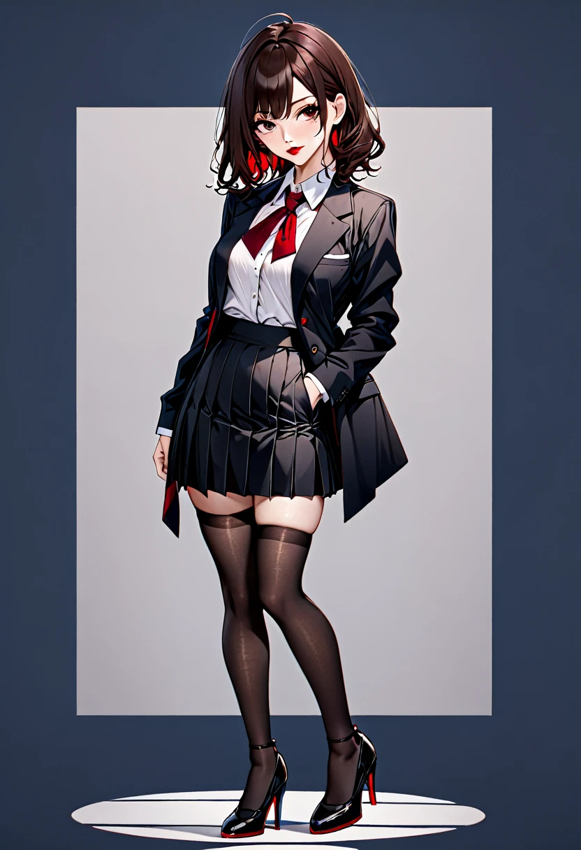 full body view, dark academia style, shirt tucked into short high-waisted skirt, stockings, dark academia blazer over shirt, black Maryjane high heels, red lipstick, dark eyeshadow, beautiful brunette