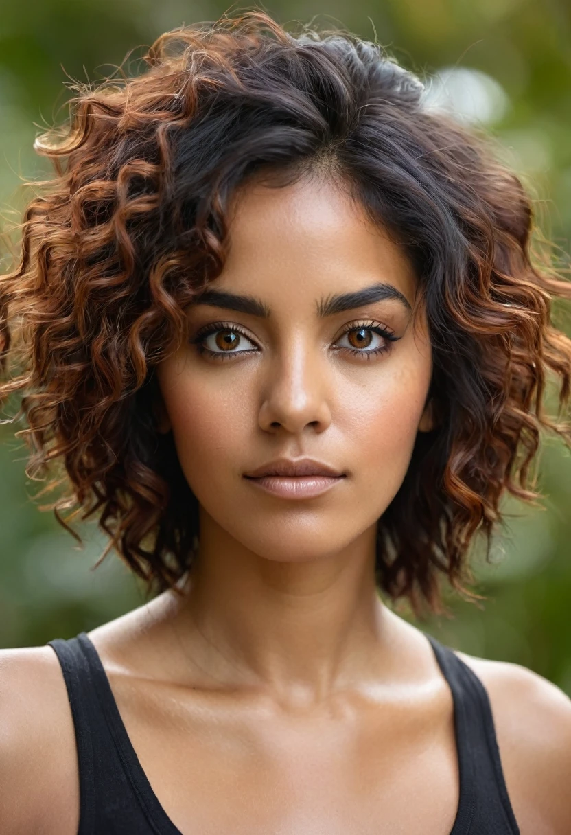 portrait d’une femme d’origine latine avec des cheveux tres noire et des yeux marrons , natural natural lighting realistic style