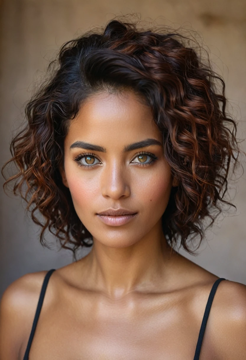 portrait d’une femme d’origine latine avec des cheveux tres noire et des yeux marrons , natural natural lighting realistic style