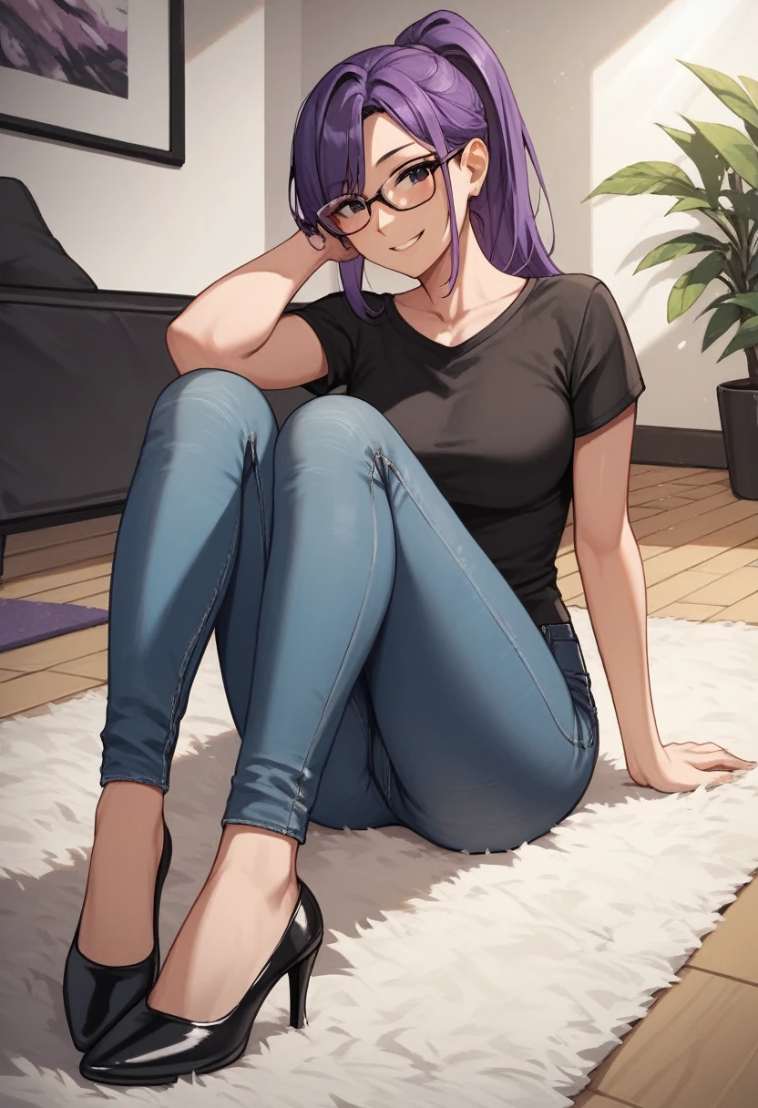 score_9, score_8_up, score_7_up, score_6_up, score_5_up, score_4_up, source_anime, 1girl, sit, smile, glasses, purple hair, ponytail, black eyes, clean hair, black shirt, jeans, black high heels, platforms, room, floor, carpet, best quality, best res, 4K UHD,
 