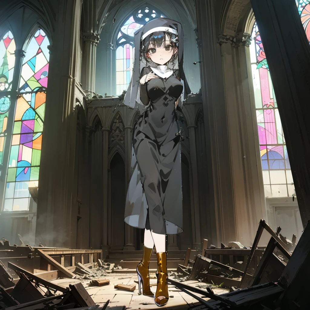 (solo), 1 skinny nun, sheer black nun's robe, large breasts, stiletto heels, BREAK, black short hair, long sidelocks, black eyes, BREAK, short torso, skinny waist, skinny long legs, BREAK, old rotten church, devastated ruin, stained glass