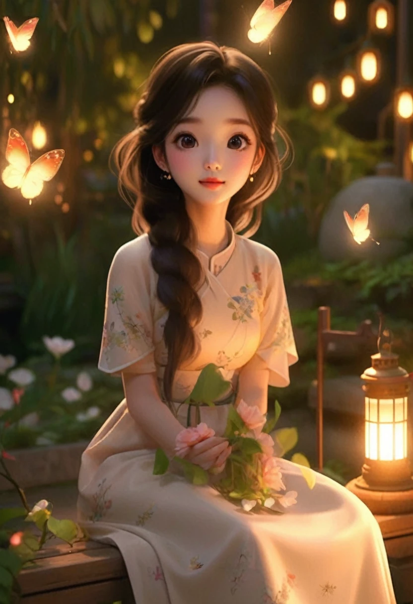 A woman sitting on a bench,Lantern in hand,Butterflies fly around, Lovely and detailed digital art, Popular on cgstation, Beautiful soft lightinging, Beautiful digital artwork, Beautiful digital illustrations, Cute numbers艺术, Soft night lighting, Beautiful soft lighting, Dōjin works, Cute numbers, palace , Girl wearing Hanfu, Artie Guerin 8K, gorgeous soft lighting