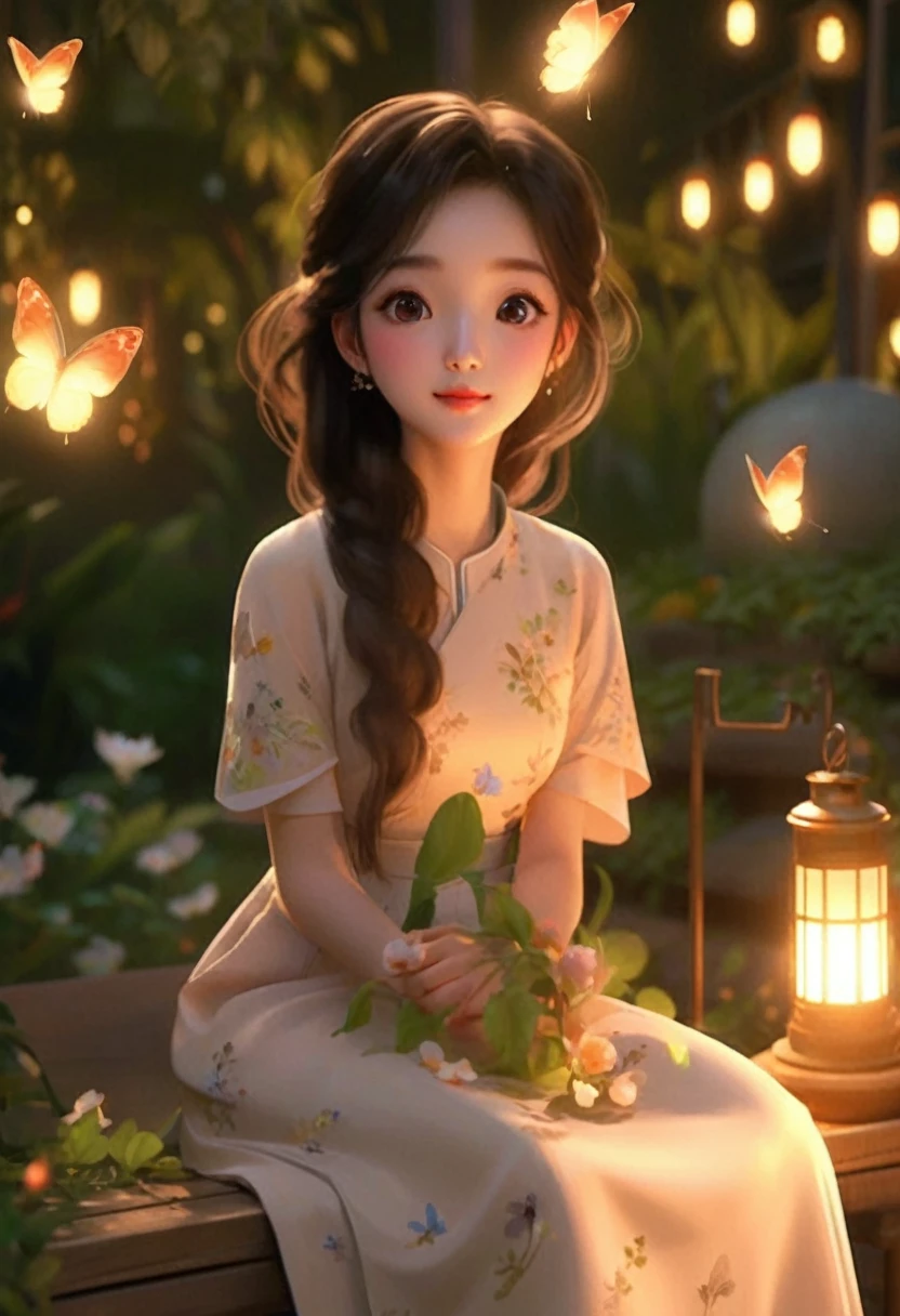 A woman sitting on a bench,Lantern in hand,Butterflies fly around, Lovely and detailed digital art, Popular on cgstation, Beautiful soft lightinging, Beautiful digital artwork, Beautiful digital illustrations, Cute numbers艺术, Soft night lighting, Beautiful soft lighting, Dōjin works, Cute numbers, palace , Girl wearing Hanfu, Artie Guerin 8K, gorgeous soft lighting