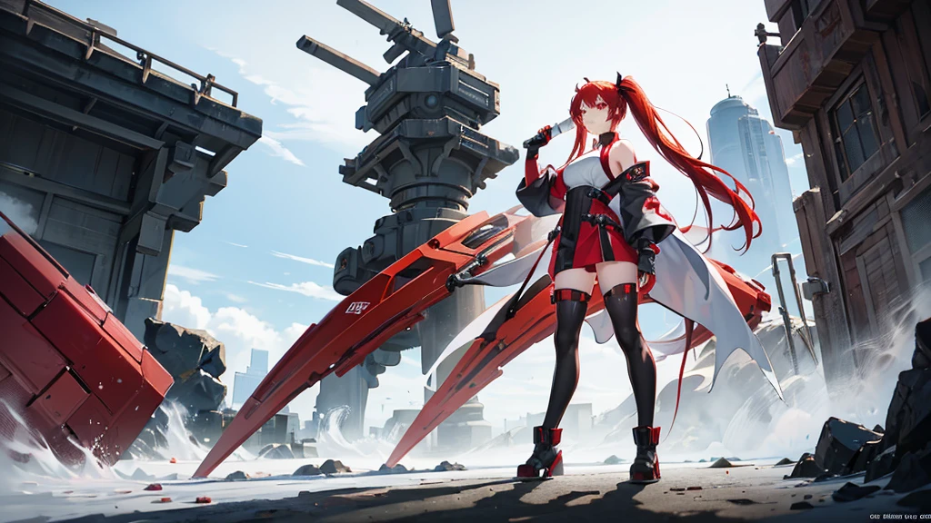18 years old, red hair, pig tails hair, red eyes, in a full body robe with leggings, futuristic, masterpiece, high quality, energy ball in right hand, shoulders exposed, gloves, ready to fight pose, 4k