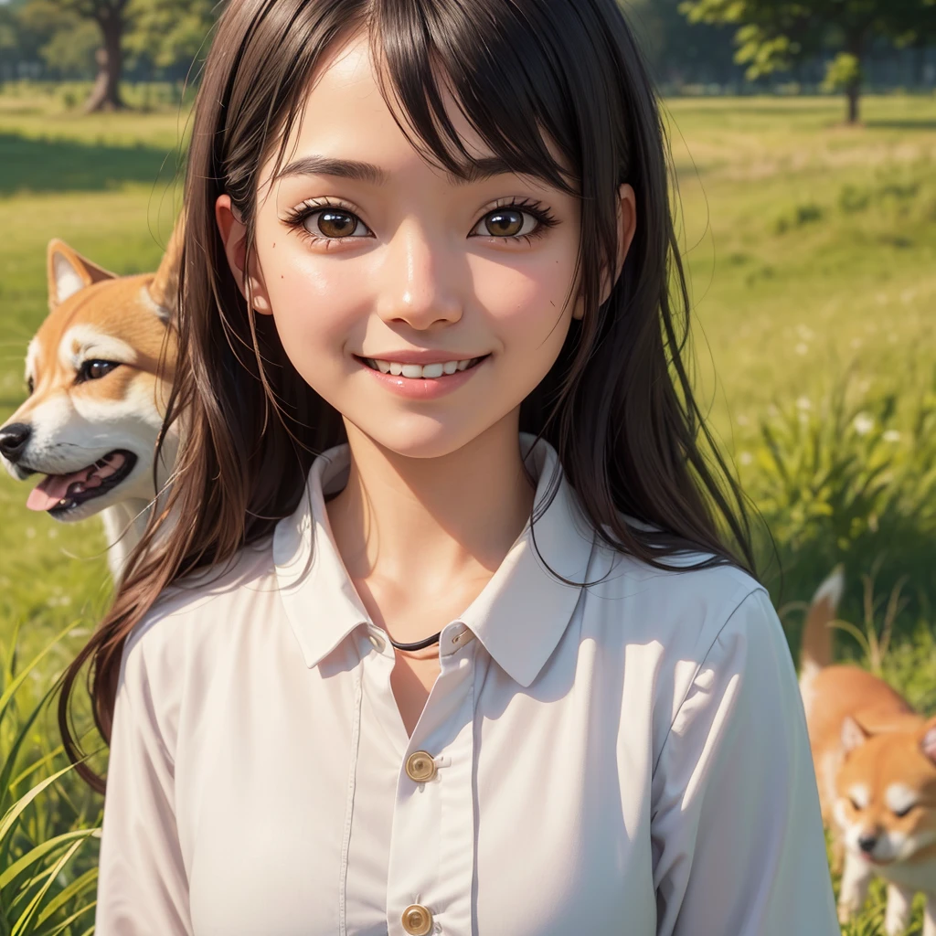 (Details of a very cute face), (Highest quality:1.4), 8k resolution, High resolution, One girl, cute , best cute, Super cute detailed face, Smooth Skin, Beautiful eyes in every detail, Fine skin, , Lips parted, Japanese, low length, Casual Fashion, Smile, Shiba Inu puppy, lead, Walking a Shiba Inu puppy, grassland
