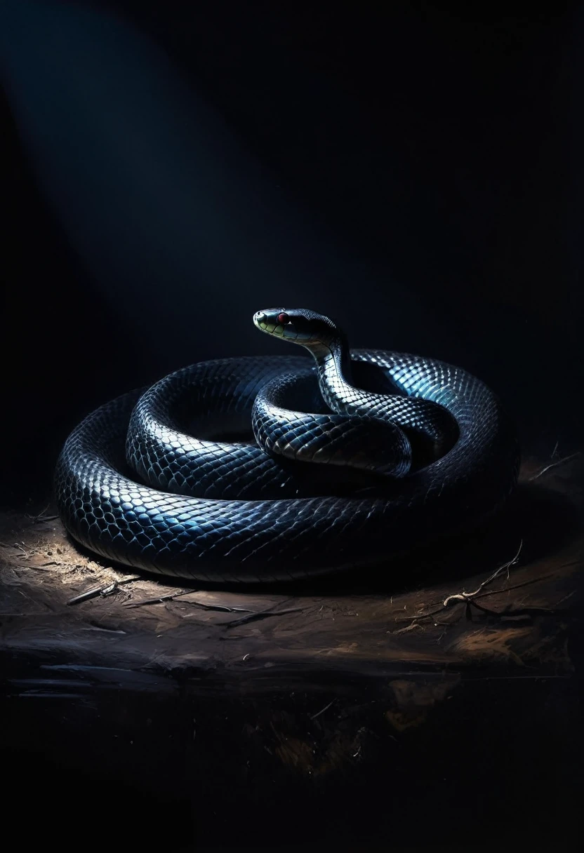 painting of a black dangerous poisonous snake crawls, sharp deep shadows, black background. Inspiration, cinematic scene, volumetric lights, ultra realistic, in the style of nicola samori