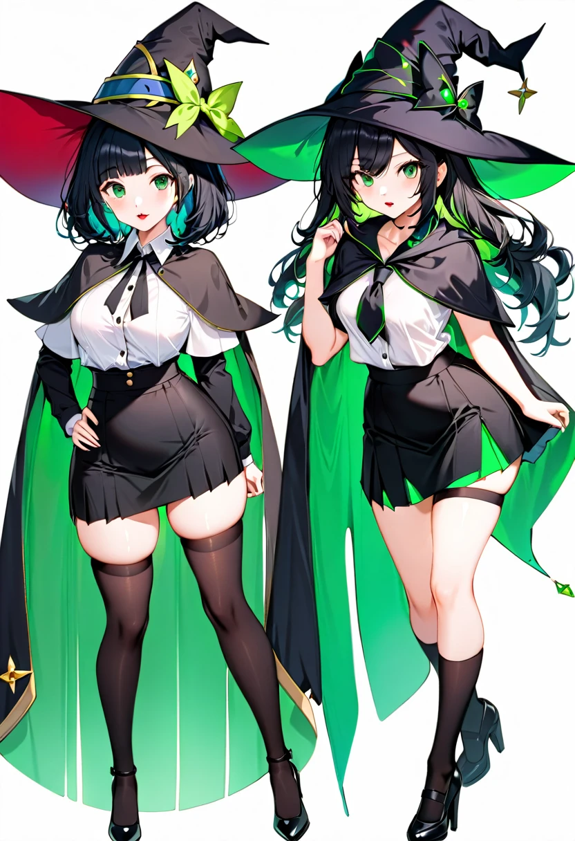 full body view, Witch teen, cute young face, emerald green eyes, long black hair with straight bangs, voluptuous ass, dark lipstick, outfit(black high-waisted a-line mini skirt with emerald green line running across just above hem of skirt; cropped black little cape with green line across hem of cape; black witch hat with green line on brim of hat; black stockings with green line; white tucked in buttoned blouse; black Maryjane high heels) haughty expression with hands on hips