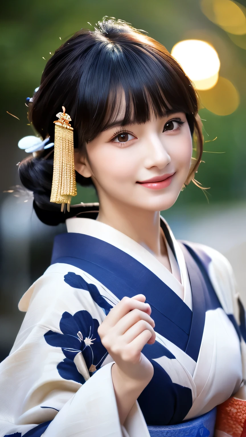 (8k, RAW Photos, Highest quality, masterpiece:1.2), Super detailed, Ultra-high resolution, (Realistic, photo Realistic:1.37), Portraiture, High-definition RAW color photos, Professional photos, Very delicate and beautiful, Very detailed, 8k wallpaper, wonderful, In detail, Large file size, Official Art, Very detailed CG unity 8k wallpaper, Very detailed beautiful girl, Very detailed face, Very detailed eyes, Very detailed skin, Very detailed fingers, Very detailed nose, Very detailed mouth, Perfect Anatomy, Very detailed background, Very detailed clothing, One girl, (18-year-old:1.2), Teen, cute girl, Famous Japanese Idols, cute, (Small breasts:1.2), Realistic body, , Fair skin, Glowing Skin, Slender body, Good figure, Black Hair, Hair tied up, (Blunt bangs:1.2), smile, cute, young, cute face, Realistic face, Beautiful and detailed eyes, Droopy eyes, (kimono:1.4), Exquisite embroidery, Earrings, (hair ornaments:1.2), View your viewers, Cowboy Shot, Facing forward, Standing posture, Contrasting, Outdoor, (night:1.4), Japanese style, Kyoto, Dynamic Lighting,