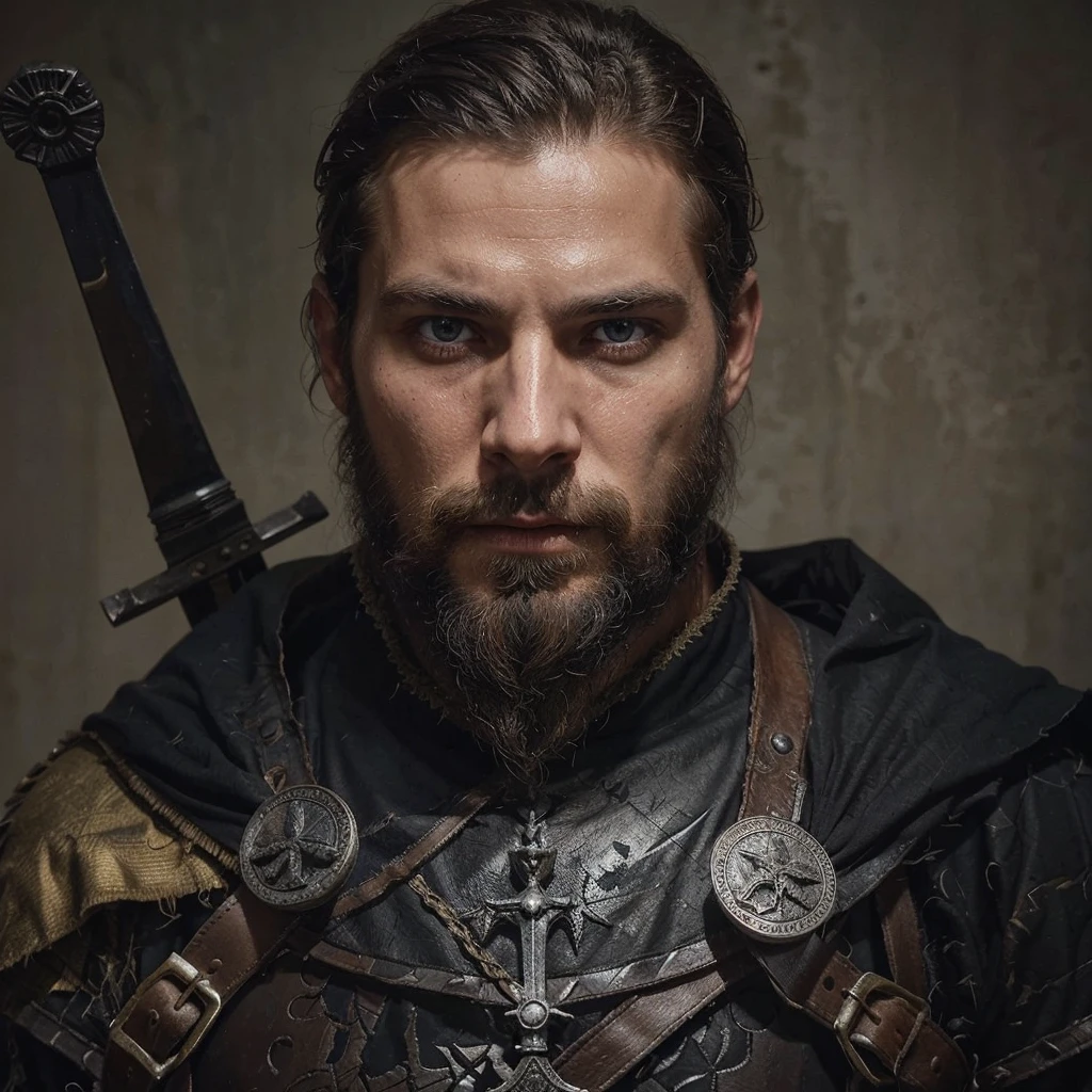 Conrad was a tall and strong young man, but an experienced man. He had piercing blue eyes, who seemed able to see through the very depths of the darkness of our world. His black hair was cut short, and the beard is quite thick, expressing severity , determination and paying tribute to its culture, Despite his young age, he already had gray strands of hair, this is a consequence of large doses of herbal decoctions and the internal state after all the battles with the horrors of this world . His face showed clear signs of battle and trials., reflecting his past when he was a Varangian and now , when he is a cleaner-messenger of God .
Conrad wore lightweight knight's armor on a leather suit decorated with the symbols of the New Vatican - a cross and other sacred signs, as well as pagan runes as a tribute to one’s past and ancestors. On his belt hung a sword with a carefully sharpened blade., shaped like a cross ready for battle at any moment. His stoic posture and confident gaze exuded unshakable determination and dedication to the war effort. .