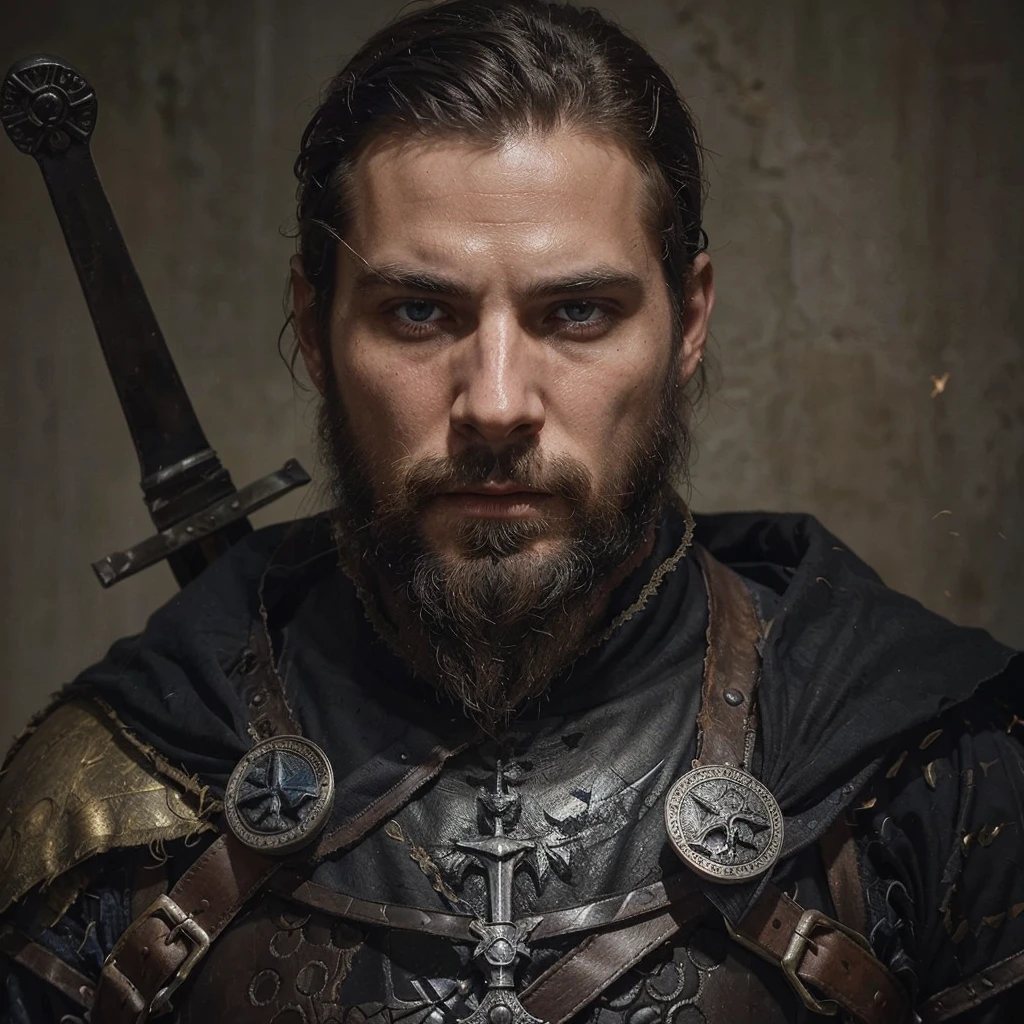 Conrad was a tall and strong young man, but an experienced man. He had piercing blue eyes, who seemed able to see through the very depths of the darkness of our world. His black hair was cut short, and the beard is quite thick, expressing severity , determination and paying tribute to its culture, Despite his young age, he already had gray strands of hair, this is a consequence of large doses of herbal decoctions and the internal state after all the battles with the horrors of this world  . His face showed clear signs of battle and trials., reflecting his past when he was a Varangian and now , when he is a cleaner-messenger of God .
 Conrad wore lightweight knight&#39;s armor on a leather suit decorated with the symbols of the New Vatican - a cross and other sacred signs, as well as pagan runes as a tribute to one’s past and ancestors. On his belt hung a sword with a carefully sharpened blade., shaped like a cross ready for battle at any moment. His stoic posture and confident gaze exuded unshakable determination and dedication to the war effort. .