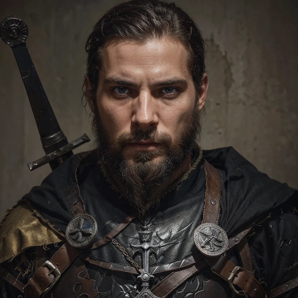 Conrad was a tall and strong young man, but an experienced man. He had piercing blue eyes, who seemed able to see through the very depths of the darkness of our world. His black hair was cut short, and the beard is quite thick, expressing severity , determination and paying tribute to its culture, Despite his young age, he already had gray strands of hair, this is a consequence of large doses of herbal decoctions and the internal state after all the battles with the horrors of this world . His face showed clear signs of battle and trials., reflecting his past when he was a Varangian and now , when he is a cleaner-messenger of God .
Conrad wore lightweight knight's armor on a leather suit decorated with the symbols of the New Vatican - a cross and other sacred signs, as well as pagan runes as a tribute to one’s past and ancestors. On his belt hung a sword with a carefully sharpened blade., shaped like a cross ready for battle at any moment. His stoic posture and confident gaze exuded unshakable determination and dedication to the war effort. .