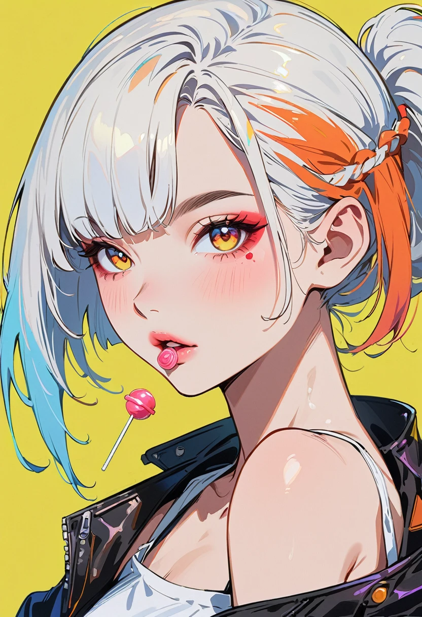 (masterpiece, best quality:1.2), 1 girl, 独奏, Anime style, Colored pupils, With a lollipop, Pink lower lip, Cyberpunk style makeup, Orange red lower eye shadow, Short silver asymmetrical hair, Asymmetrical short hairstyle, Long bangs on one side, Color highlights, Black off-the-shoulder leather jacket, Pure yellow background.