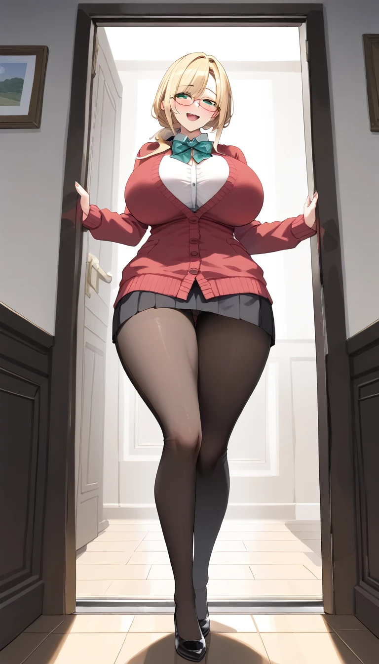(POV from below), (Best quality: 1.5), (masterpiece: 1.5), (2.5D), (good definition), (detailed face), (well-drawn face), (vivid colors), (1 character) , (exaggerated proportions), (hentai), (perfect anatomy), (character in the center), (absurd), (4k wallpaper), (detailed eyes), (perfect hands), (perfect fingers), (skin beautiful), (glowing skin), (perfect shadows), (perfect lighting), (full body), (beautiful eyes), (masterpiece), (voluptuous body), (pretty face), adult woman, seductive MILF, Face of a mature MILF, mature woman, blonde hair with a low and slightly disheveled ponytail, green eyes, wears glasses, wears a long cardigan with a belt and leggings, happy and excited expression, huge breasts, huge thighs, huge butt, voluptuous body, good proportions, she is standing at the entrance of her house opening the door