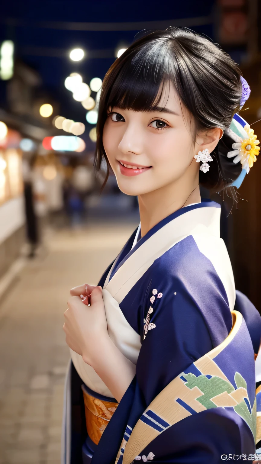 (8k, RAW Photos, Highest quality, masterpiece:1.2), Super detailed, Ultra-high resolution, (Realistic, photo Realistic:1.37), Portraiture, High-definition RAW color photos, Professional photos, Very delicate and beautiful, Very detailed, 8k wallpaper, wonderful, In detail, Large file size, Official Art, Very detailed CG unity 8k wallpaper, Very detailed beautiful girl, Very detailed face, Very detailed eyes, Very detailed skin, Very detailed fingers, Very detailed nose, Very detailed mouth, Perfect Anatomy, Very detailed background, Very detailed clothing, One girl, (18-year-old:1.2), , cute girl, Famous Japanese Idols, cute, (Small breasts:1.2), Realistic body, , Fair skin, Glowing Skin, Slender body, Good figure, Black Hair, Hair tied up, (Blunt bangs:1.2), smile, cute, young, cute face, Realistic face, Beautiful and detailed eyes, Droopy eyes, (kimono:1.4), Exquisite embroidery, Earrings, (hair ornaments:1.2), View your viewers, Cowboy Shot, Facing forward, Standing posture, Contrasting, Outdoor, (night:1.4), Japanese style, Kyoto, Dynamic Lighting,