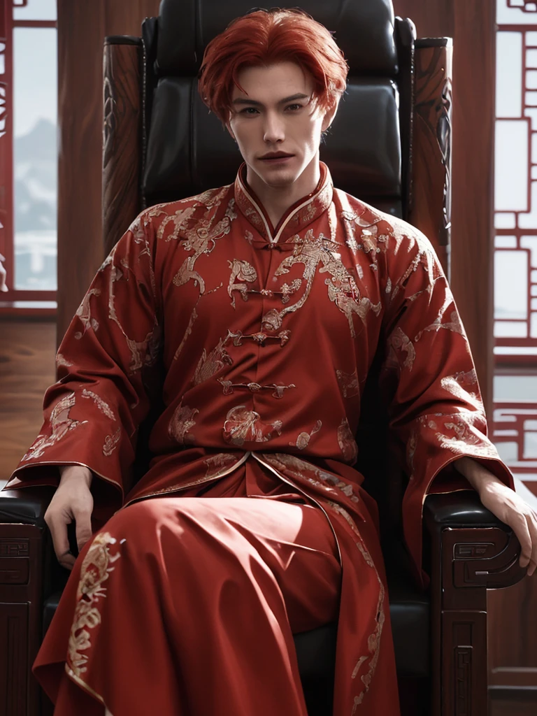 king on the throne. A 25-year-old guy sits on the throne. Long carmine red hair, medium skin tone, amber predatory sharp eyes, tall and muscular with a bare torso and wearing some kind of Chinese clothing,, Высокая детализация, Очень детально, Реалистичная анатомия, Сверхвысокая чёткость, 