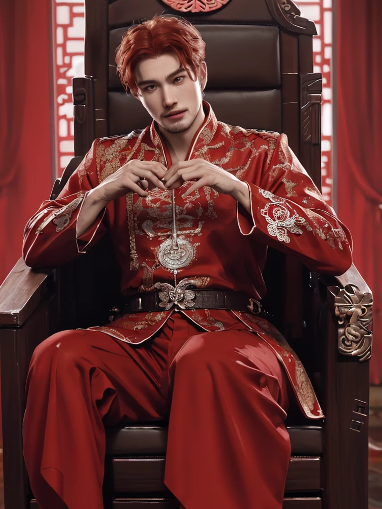 king on the throne. A 25-year-old guy sits on the throne. Long carmine red hair, medium skin tone, amber predatory sharp eyes, tall and muscular with a bare torso and wearing some kind of Chinese clothing,, Высокая детализация, Очень детально, Реалистичная анатомия, Сверхвысокая чёткость,