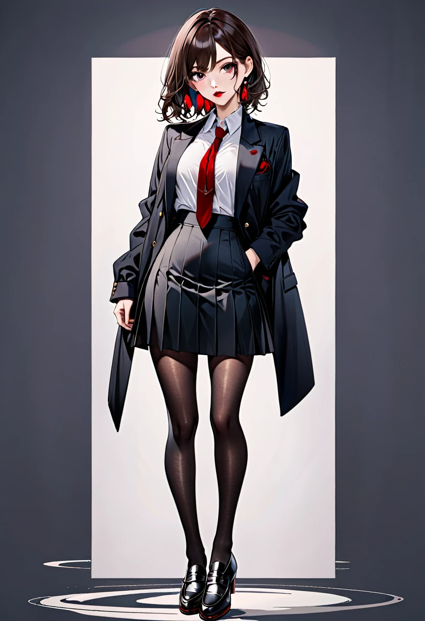 full body view, dark academia style, shirt tucked into short high-waisted skirt, stockings, dark academia blazer over shirt, black high heeled penny loafers, red lipstick, dark eyeshadow, beautiful brunette