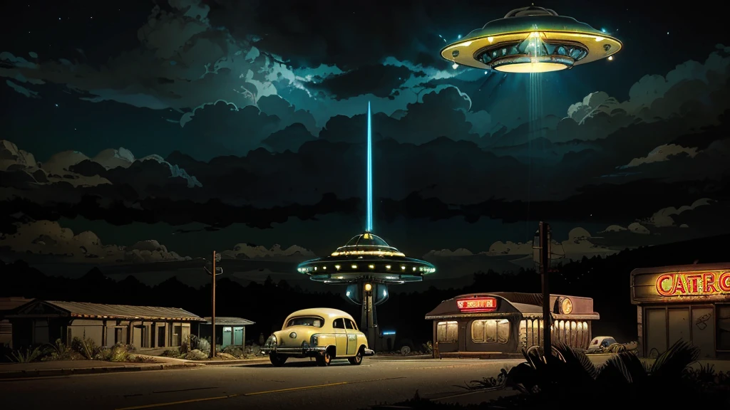 a ufo landing in 1950s small town, UFO, flying saucer, ufo landing, popping colors, contrast, detailed realistic cinematic scene, cinematic lighting, dramatic sky with clouds, abandoned vintage car, old-fashioned buildings, neon signs, 1950s era atmosphere, vibrant colors, hyper-realistic, 8k, ultra-detailed