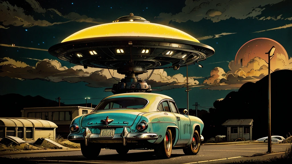 a ufo landing in 1950s small town, UFO, flying saucer, ufo landing, popping colors, contrast, detailed realistic cinematic scene, cinematic lighting, dramatic sky with clouds, abandoned vintage car, old-fashioned buildings, neon signs, 1950s era atmosphere, vibrant colors, hyper-realistic, 8k, ultra-detailed