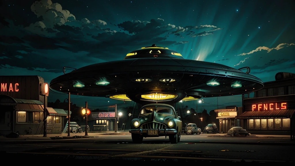 a ufo landing in 1950s small town, UFO, flying saucer, ufo landing, popping colors, contrast, detailed realistic cinematic scene, cinematic lighting, dramatic sky with clouds, abandoned vintage car, old-fashioned buildings, neon signs, 1950s era atmosphere, vibrant colors, hyper-realistic, 8k, ultra-detailed