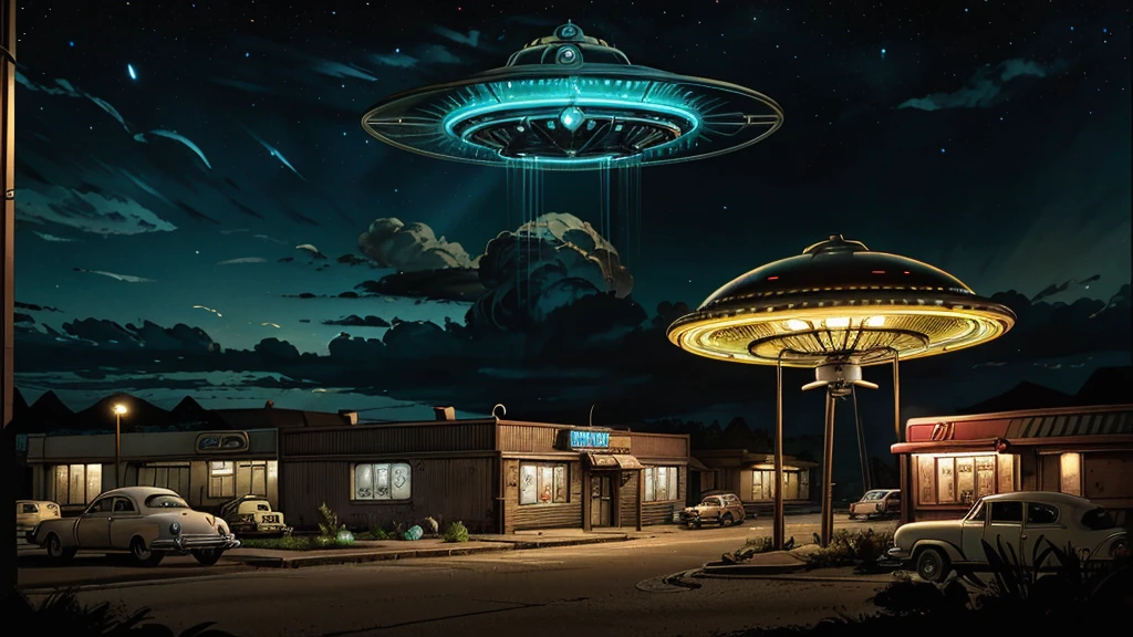 a ufo landing in 1950s small town, UFO, flying saucer, ufo landing, popping colors, contrast, detailed realistic cinematic scene, cinematic lighting, dramatic sky with clouds, abandoned vintage car, old-fashioned buildings, neon signs, 1950s era atmosphere, vibrant colors, hyper-realistic, 8k, ultra-detailed