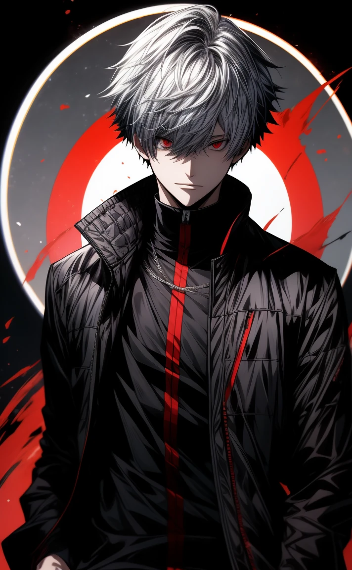 anime character with black jacket and red eyes in a circle, ken kaneki, kaneki ken, 4k manga wallpaper, high quality fanart, a crazy woman with silver hair, kaworu nagisa, Boy Anime, best 4k konachan anime wallpaper, anime wallpaper, 8K anime art wallpaper, in anime style, male anime style, official fanart