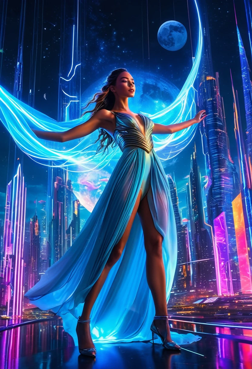 (best high quality:1.5), work of art, (8k), extremely detailed, (High details:1.4), "Create an image of a mystical woman in a futuristic environment. she is floating in the air, draped in an ethereal dress that glows with neon lights. Your eyes shine with supernatural energy, and your hands emanate beams of light. The scenery around you is a futuristic city with glass skyscrapers, flying cars and colorful holograms projected into the night sky. Ao fundo, a full moon illuminates the scene, enhancing the technological and magical atmosphere."