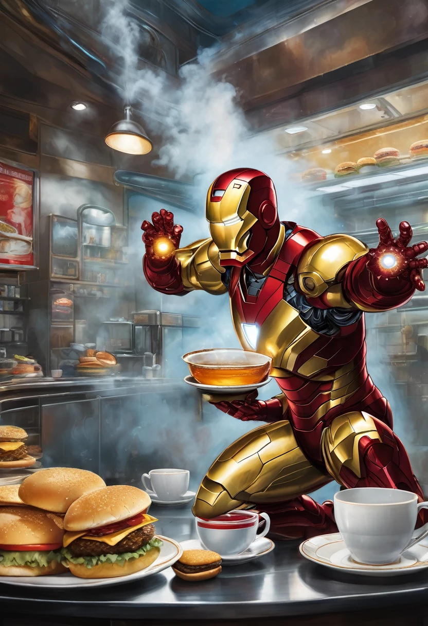 Create an image depicting Iron Man in his iconic red and gold suit. He is walking inside a large spoon, which serves as his path. Iron Man is simultaneously eating a burger with one hand and holding a cup of tea in the other. Ensure the background shows a casual or whimsical setting that complements the unusual scene. Pay attention to the details of Iron Man’s suit, the texture of the burger, and the steam rising from the tea. The image should be colorful and dynamic, capturing the playful and surreal nature of the scenario.