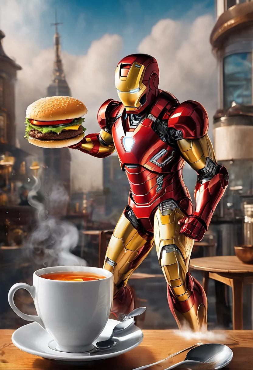 Create an image depicting Iron Man in his iconic red and gold suit. He is walking inside a large spoon, which serves as his path. Iron Man is simultaneously eating a burger with one hand and holding a cup of tea in the other. Ensure the background shows a casual or whimsical setting that complements the unusual scene. Pay attention to the details of Iron Man’s suit, the texture of the burger, and the steam rising from the tea. The image should be colorful and dynamic, capturing the playful and surreal nature of the scenario.
