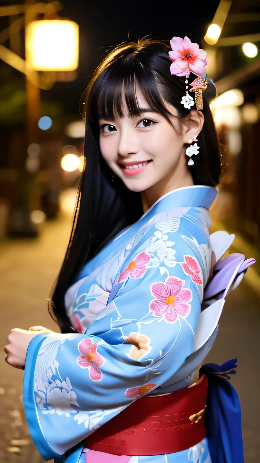 (8k、RAW Photos、Highest quality、masterpiece:1.2)、Ultra-detailed、Ultra-high resolution、(Realistic、Photorealistic:1.37)、Portrait、High-definition RAW color photos、Professional photography、Very delicate and beautiful、Very detailed、 8k wallpaper amazing、In detail、Large file size、Official Art、Very detailed CG Unity 8K 壁紙、Very detailed美しい女の子、Very detailed顔、extremely detailed eye、Very detailed skin、Very detailed指、Very detailed鼻、Very detailed口、Perfect Anatomy、Very detailed background、Attention to detail in the costumes、1 girl、(18-year-old:1.2)、10 generations、cute、Famous Japanese Idols、cute、(Small Tits:1.2)、Realistic body、、White skin、Glowing Skin、Slender、Stylish、Black-haired、Hair Collection、(Straight Bangs:1.2)、Laughter、cute、young、cute faces、A vivid face、Beautiful eyes、Source Order、(kimono:1.4)、Intricate embroidery、Earrings、(hair ornaments:1.2)、eye、Cowboy Shot、frontage、Standing posture、contrapo、outside of home、(night:1.4)、Japanese Style、Kyoto、Dynamic Lighting、valley、