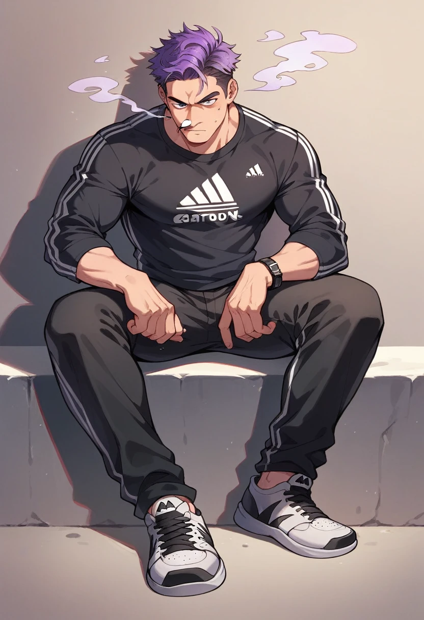 アニメ, best qualityer, white male, purple gradient hair, black Adidas shirt, black jogger pants, black Adidas sneakers with dark circles round smoking, sitting down , at night