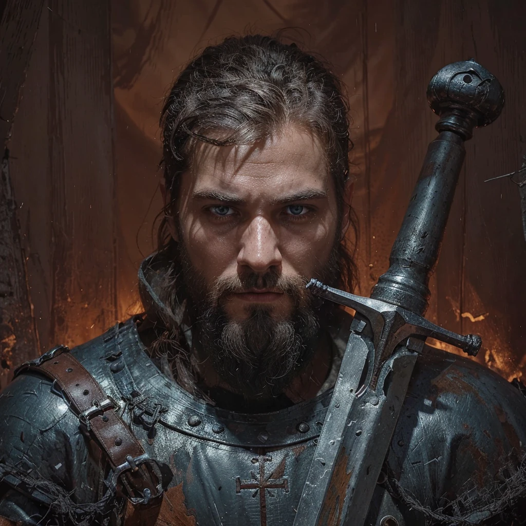 Conrad was a tall and strong young man, but an experienced man. He had piercing blue eyes, who seemed able to see through the very depths of the darkness of our world. His black hair was cut short, and the beard is quite thick, expressing severity , determination and paying tribute to its culture, Despite his young age, he already had gray strands of hair, this is a consequence of large doses of herbal decoctions and the internal state after all the battles with the horrors of this world . His face showed clear signs of battle and trials., reflecting his past when he was a Varangian and now , when he is a cleaner-messenger of God .
Conrad wore lightweight knight's armor on a leather suit decorated with the symbols of the New Vatican - a cross and other sacred signs, as well as pagan runes as a tribute to one’s past and ancestors. On his belt hung a sword with a carefully sharpened blade., shaped like a cross ready for battle at any moment. His stoic posture and confident gaze exuded unshakable determination and dedication to the war effort. .
