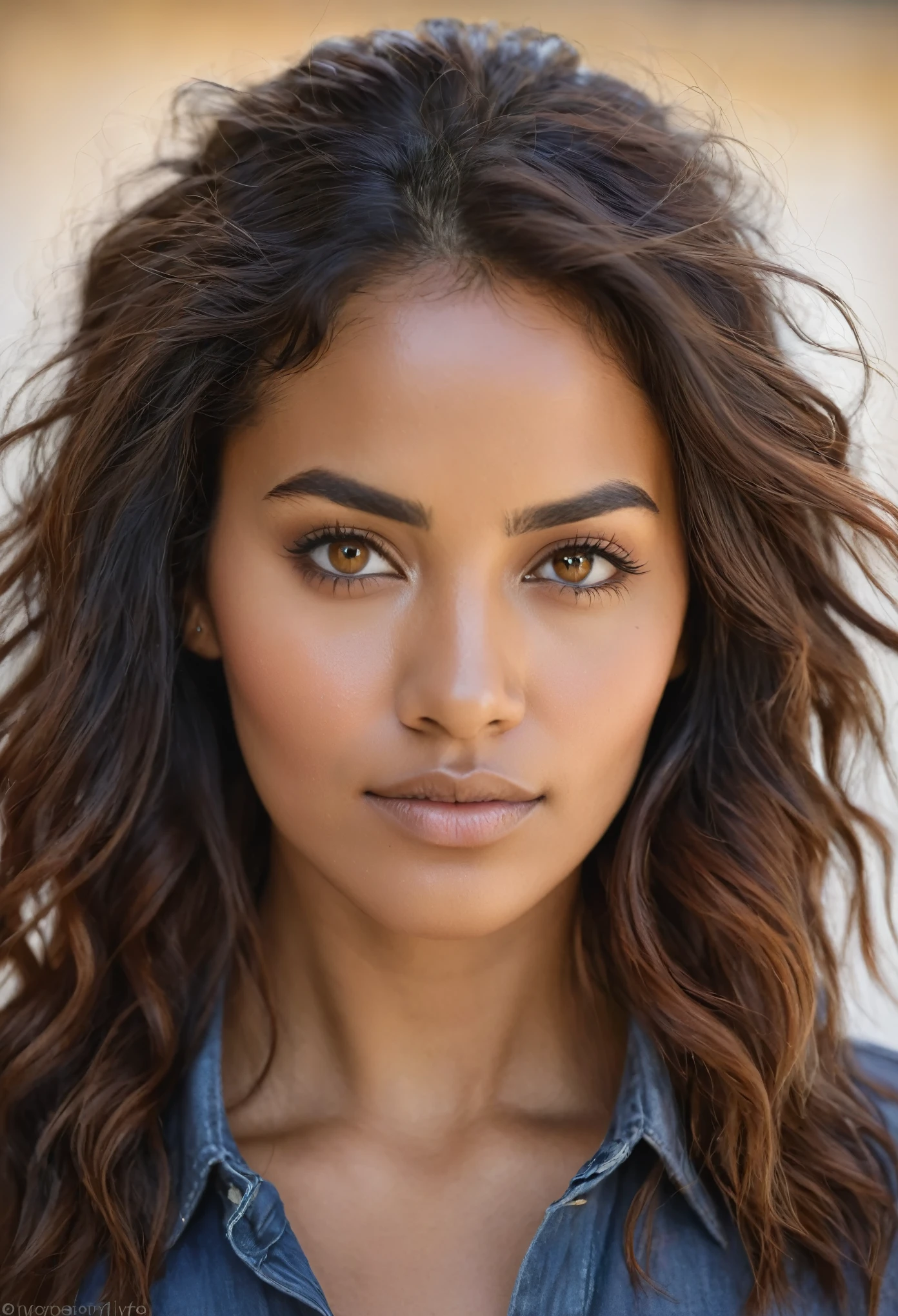 portrait d’une femme d’origine latine avec des cheveux tres noire et des yeux marrons , natural natural lighting realistic style