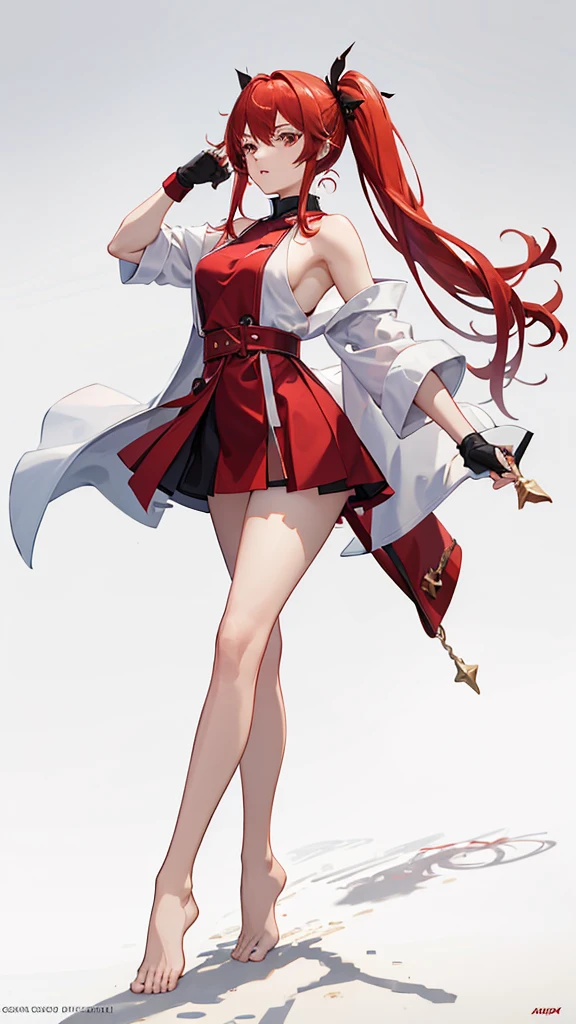 18 years old, red hair, pig tails hair, red eyes, in a full body robe with leggings, masterpiece, high quality, energy ball in right hand, shoulders exposed, gloves, ready to fight pose, 4k, magician