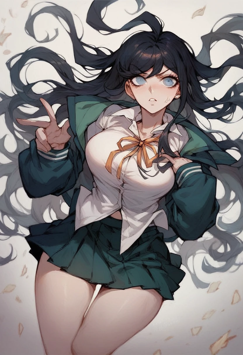 Danganronpa style, long black hair, blue eyes, black high school girl , big bust, female