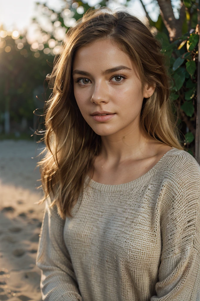 realistic, photorealistic, raw photo, 8K detailed skin, natural skin texture, realistic skin texture, picture-perfect face, film grain, HDR, high quality shadow, perfect anatomy, perfect symmetry:1.2, perfect face, happy, confident, soft lighting, depth of field, bokeh, ultra-high resolution, cinematic lighting, sharp focus, realistic hair strands, subtle facial expressions, vibrant colors, 50mm lens, standard angle, outdoor background, natural sunlight, golden hour, soft shadows, warm tones,blonde woman posed on sweater in beach sunse