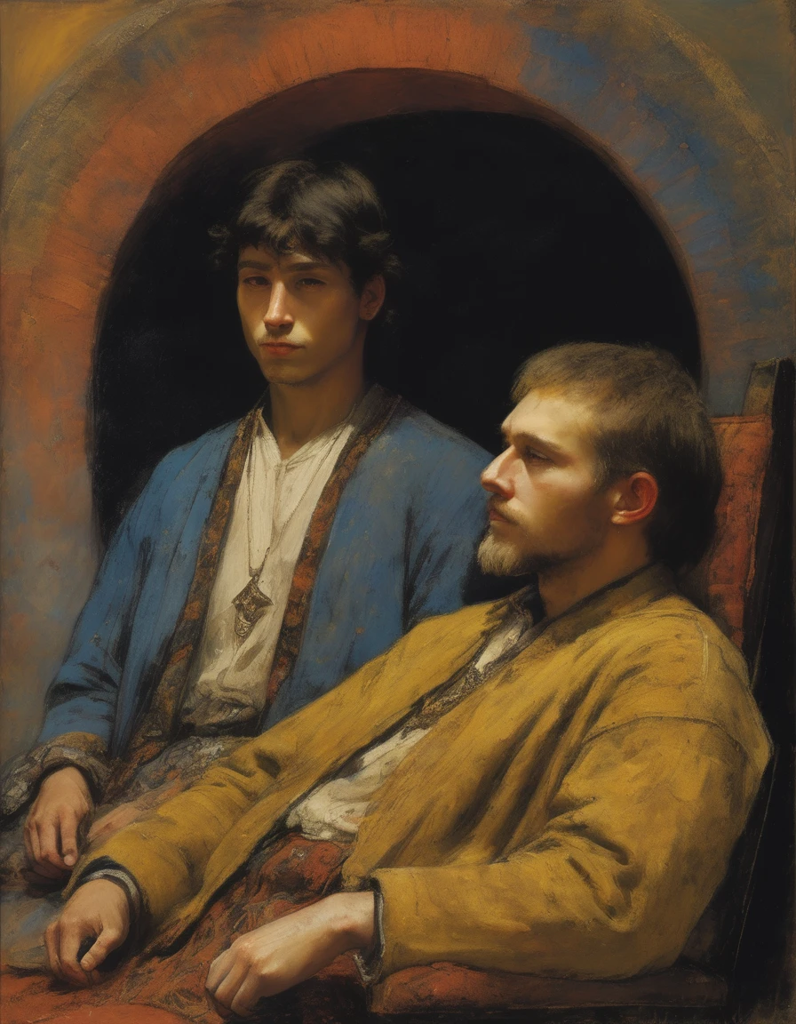 ((Masterpiece, best quality, oil painting, male focus)), ((by Moebius, by Odilon Redon)), (((the half body reclined portrait of 2 young male wizard apprentices, they are lovers staring each other, tense, bored and frustrated, blushing, sullen)))