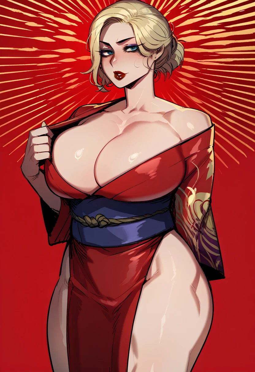 score_9, score_8_up, score_7_up, score_6_up, score_5_up, score_4_up, BREAK 1girl, ((muscular body:1)), intricate, kimono, (eyeliner:1.2), looking at viewer, bob hairstyle, blonde, jewelry, detailed background,huge breasts (masterpiece, high quality:1),
