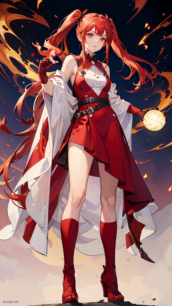 18 years old, red hair, pig tails hair, red eyes, in a full body robe with leggings, masterpiece, high quality, glowing energy ball in right hand, shoulders exposed, gloves, ready to fight pose, 4k, magician, glow effect