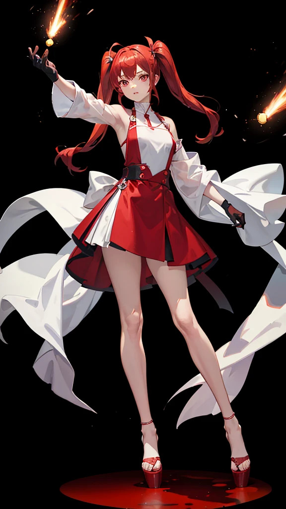 18 years old, red hair, pig tails hair, red eyes, in a full body robe with leggings, masterpiece, high quality, glowing energy ball in right hand, shoulders exposed, gloves, ready to fight pose, 4k, magician, glow effect