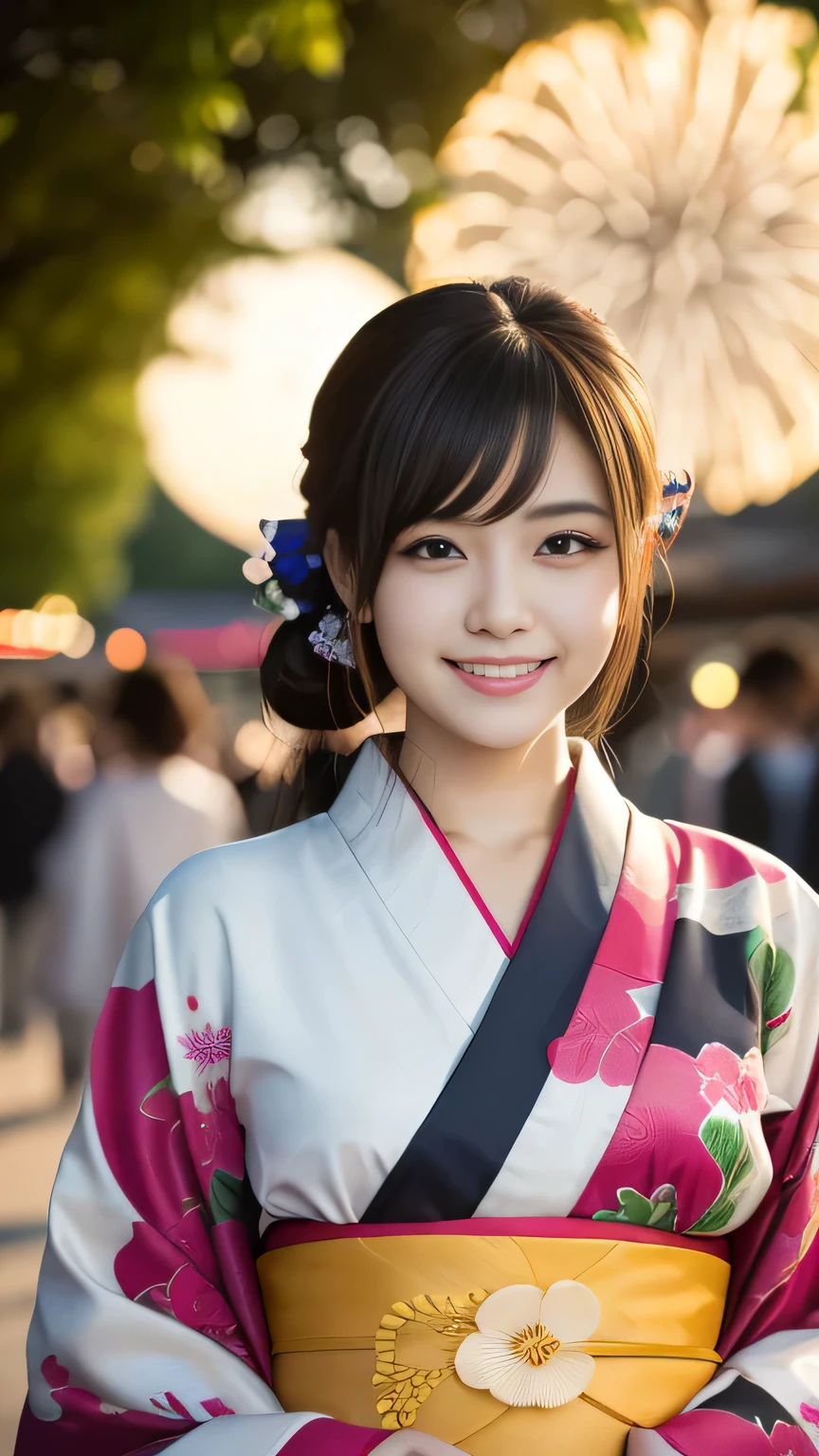 Looking into the camera,(((Highest quality, 8k, masterpiece))), Sharp focus, (Beautiful woman with perfect figure), thin, (Hairstyle: Excellent)), ((kimono: Cane)), street: 1.2 Highly detailed face and skin texture Detailed eyes Double eyelid Random pose, (smile),sExcellenter cute Japan person,sExcellenter beauty Japanese girl, Realistic Face, double eyelid,smile,Summer festival , At sunset , Beautiful Teeth , Fireworks Background.